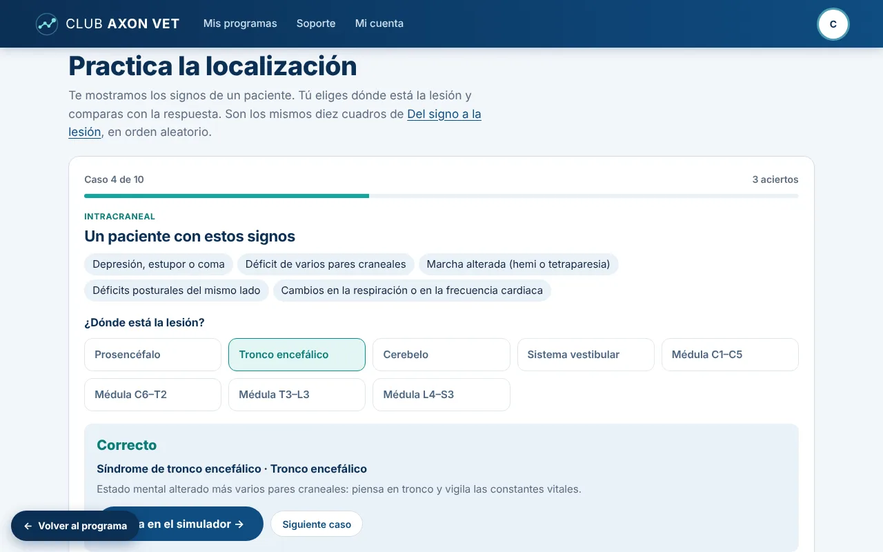 Modo práctica: signos de un paciente y botones para elegir la localización de la lesión